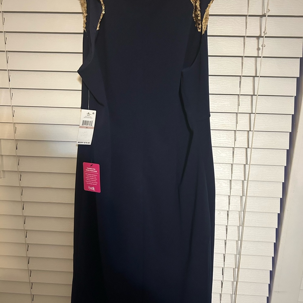 SLNY Navy Midi Dress with Gold Sequin Shoulders - Picture 4 of 4
